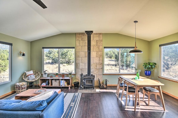 Our open floor plan offers 270-degree views of the Sangre de Cristo range.