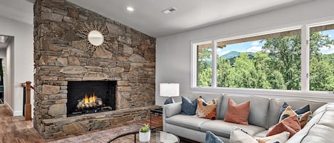 Stone fireplace with gas logs