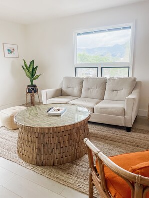 Living room with views of the mountains. This couch pulls out into a full bed.