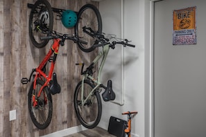 2 bike wall mounts holds up to 6 bikes!  Bikes in pic NOT included w/ rental.