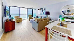 Bright and inviting open-concept living and dining space.