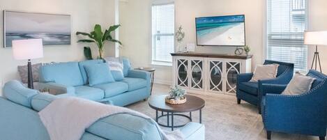 Relax with your group in your stylish, comfortable family room with all new furniture and decor!