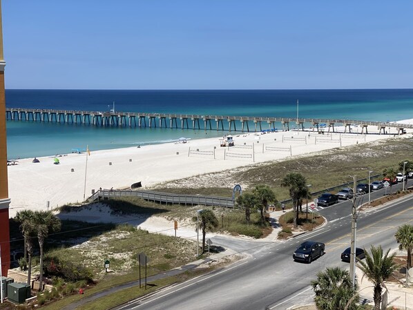 View of beach, pier and gulf from my balcony 