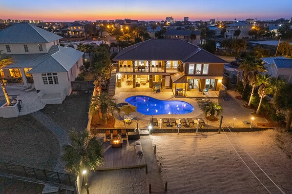 Backyard Arial View of House and Private Beach with Volleyball/Badminton Court!!