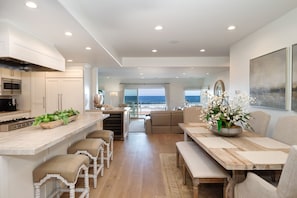 Spacious kitchen, dining and living room area.