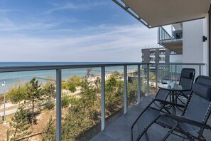 The balcony's stylish design complements the apartment's decor. 