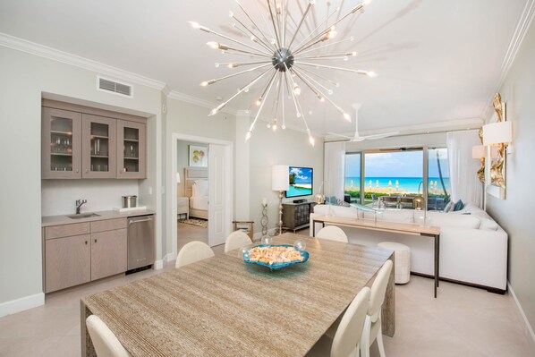 Stylish interiors with modern decor and oceanfront views. 