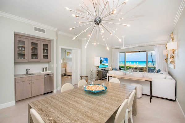 Stylish interiors with modern decor and oceanfront views.