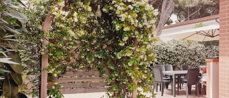 panchina in legno immersa nel gelsomino. posizionata nel giardino davanti