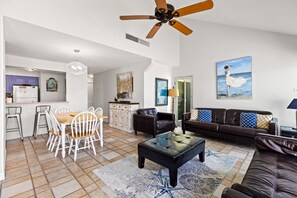 Plenty of space for family and friends to gather on the cozy furniture and enjoy the natural light shinning in