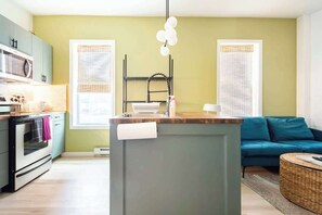Newly renovated open concept kitchen and living area.
