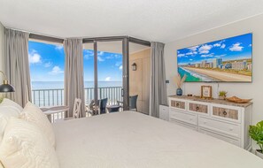 A unique oceanfront bedroom with a 65" smart TV for you to enjoy.