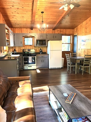 Cozy living room & kitchen. Wood burning fireplace. Lots of space.