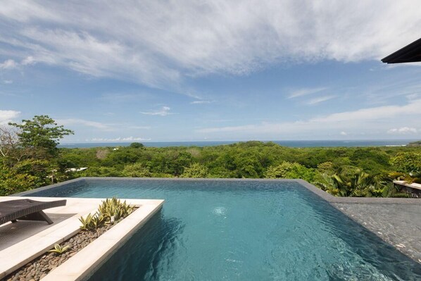 Infinity pool with views of the Pacific and surrounding forest
