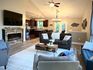 Living room, dining room and kitchen