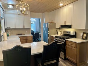 Newly updated and fully stocked kitchen. Plenty of amenities available.
