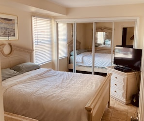 Master bedroom with queen-size bed and a wall to wall mirrored closet