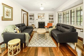 Front Living room, Wood fireplace