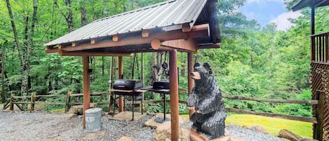 Two grills available for guest use (charcoal not provided) under a cover