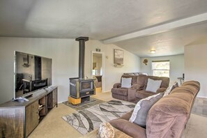 Living Room | Single-Story Home | Smart TV | Wood-Burning Stove