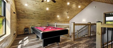 The gaming area is in the lofted upstairs space