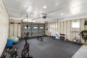 Garage gym dumbbells, kettlebells, stationary bike, ,medicine balls, ect.