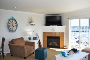 The gas fireplace warms the room on those cool days or evenings.