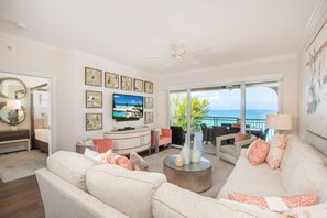 Living area with large windows. 