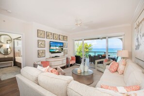 Living area with large windows. 