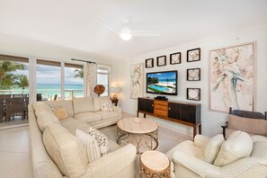 Living area with television. 