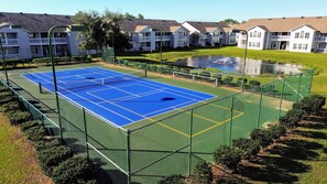 Practice your tennis serve or strike up a Pickleball game with friends on our convertible courts, lighted for your convenience so you can play day or night.