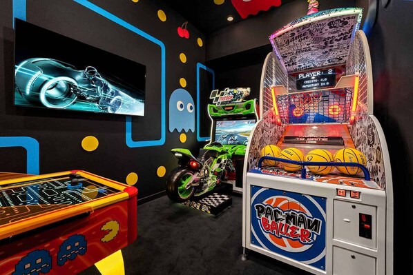 Arcade w/ Air Hockey Table, Racing Game & Basketball