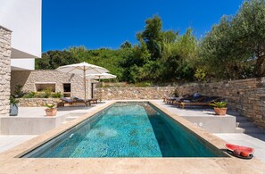 Private and heated swimming pool 9,5m x 3m, 8 deck chairs
