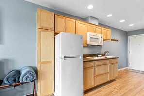 Kitchenette features a full-sized fridge, Microwave, and a two-burner built-in  electric cook top.