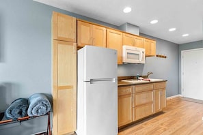 Kitchenette features a full-sized fridge, Microwave, and a two-burner built-in  electric cook top.
