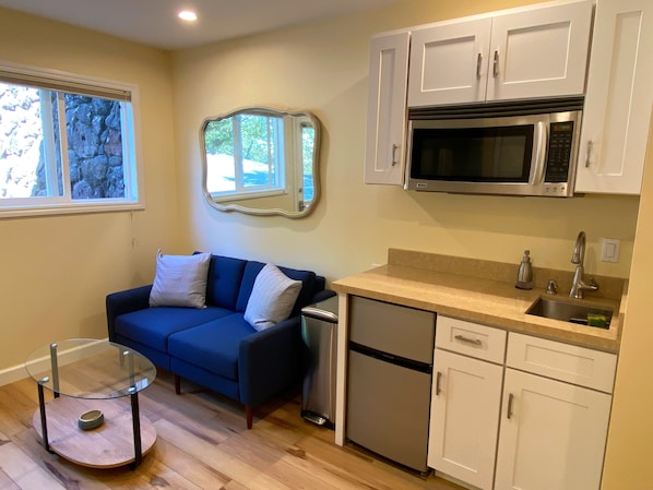 Kitchenette w/ convection microwave (you can bake in it!), hot plate + air fryer