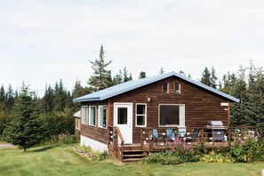 Cabin is located next to large open lawn with galley views of the ocean & volcanoes