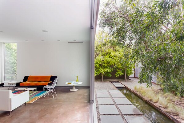 living room and garden pond