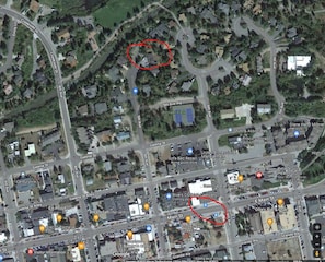 Top red circle is our property, bottom red circle is the bus stop on Main St