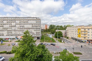 Window view overlooking the surrounding residential area with greenery and buildings.
