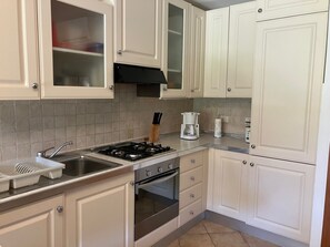 Küche mit Kühlschrank, Gasofen und Geschirrspühler
