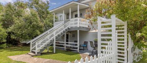 Lovely, shady yard. Your unit is the lower one.  No stairs for you!