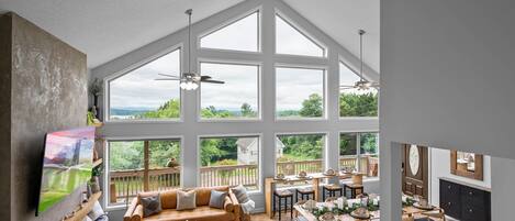 Main room / family room overlooking Douglas Lake and the Smoky Mountians