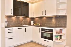 offene Küche mit Backofen, Spülmaschine und Mikrowelle