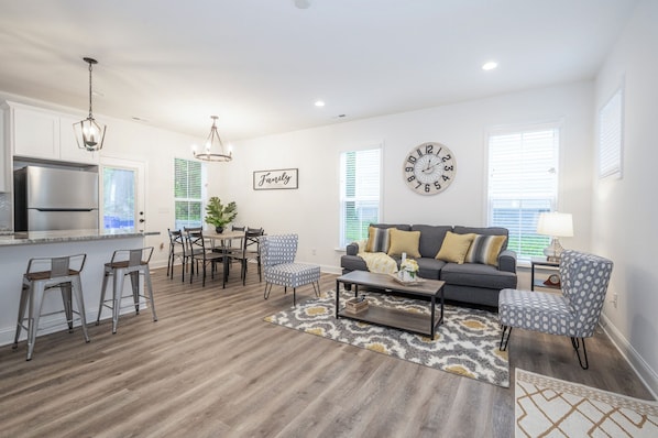 Spacious living room and kitchen