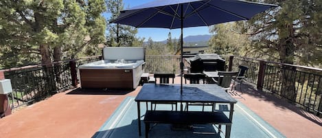 Hot Springs hot tub,Hampton Bay metal chairs w/pads, gas fire pit on the deck.