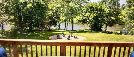 Your private deck overlooking the riverfront 1 acre property and 2  fire pits 