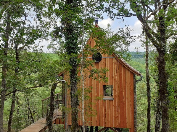 Cabane en bois nichée au milieu des arbres, chaleureuse et de tout confort.