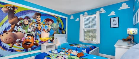 Toy Story themed room with custom LED lighting and 2 twin beds