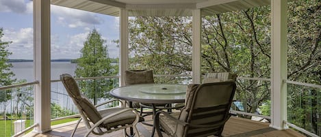 View of Chicagoan Lake from the covered deck dining area.